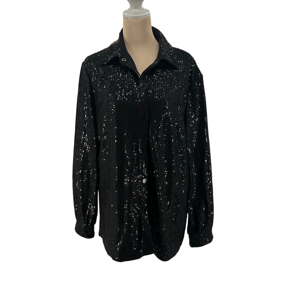 D&M Black Sequin Button Down Shirt Long Sleeve Blouse Women Large L Sparkle Glam